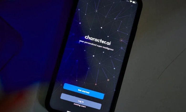 Close-up of a smartphone displaying the Character.AI app's login screen. A dark background features a network graphic.