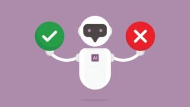 AI robot holding green check and red X symbols, representing decision-making.