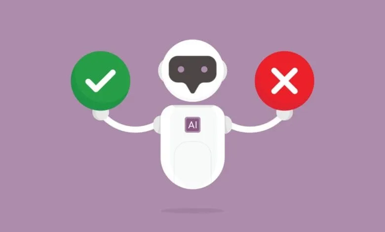 AI robot holding green check and red X symbols, representing decision-making.