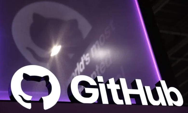 GitHub logo: 3D white lettering and cat icon on purple backdrop. A blurred logo projection is behind it.