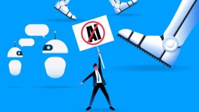 A lone man protests against AI, holding a sign that says 'No AI' as giant robotic feet loom over him.