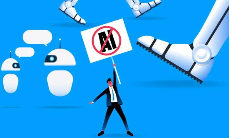 A lone man protests against AI, holding a sign that says 'No AI' as giant robotic feet loom over him.