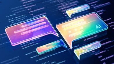 Glowing AI chat bubbles float over lines of computer code, symbolizing AI-powered communication.