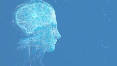 Abstract digital art of a head with a circuit board brain, glowing blue lines, and a serene, futuristic mood.