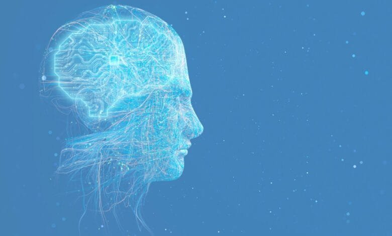 Abstract digital art of a head with a circuit board brain, glowing blue lines, and a serene, futuristic mood.