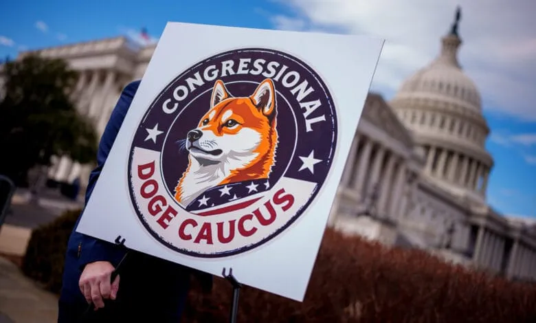 Close-up of a person holding a sign with a Shiba Inu and 'Congressional Doge Caucus' near the US Capitol building.