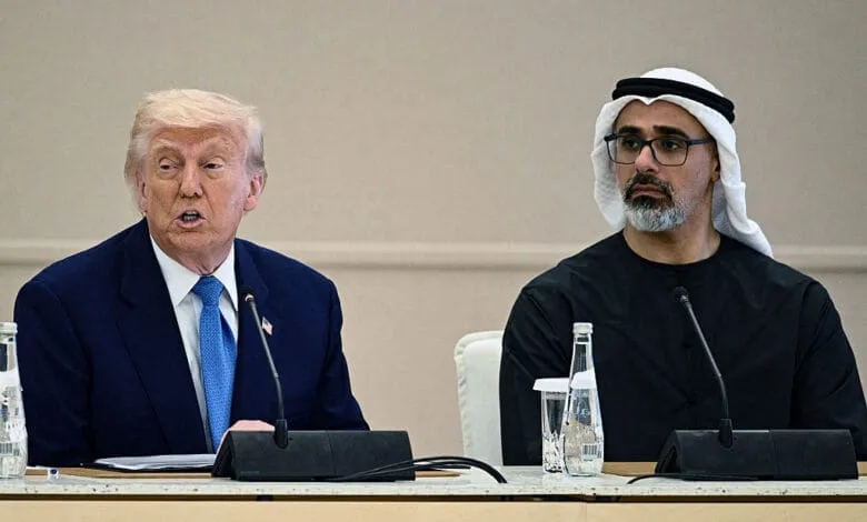 Donald Trump, former US President, speaks alongside Sheikh Khaled bin Mohamed bin Zayed Al Nahyan, Crown Prince of Abu Dhabi, at a business forum.