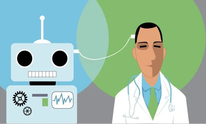 A friendly robot is connected to a doctor's head, symbolizing AI assistance in healthcare.