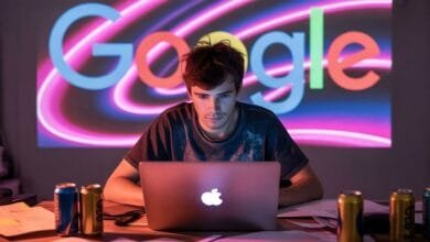 Person works on Apple laptop illuminated by a vibrant neon Google logo projection.