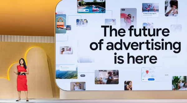 Woman in red dress presents on stage; large screen behind her shows 'The future of advertising is here' with diverse ad examples.