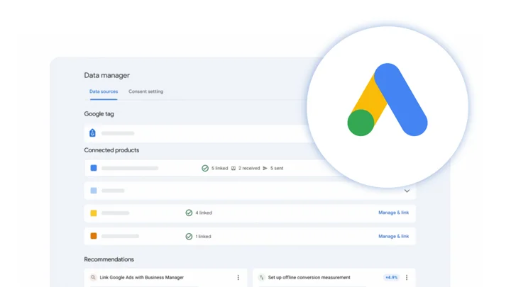 Google Ads data manager interface showing connected products, data sources, and recommendations for linking accounts.