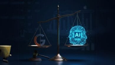 Stylized scales of justice weigh a Google 'G' against a glowing AI brain, suggesting a legal battle over AI dominance.