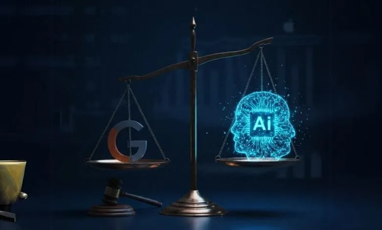 Stylized scales of justice weigh a Google 'G' against a glowing AI brain, suggesting a legal battle over AI dominance.