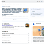 Google search results for "blue bird," showing images and information about bluebirds, including their characteristics and range.