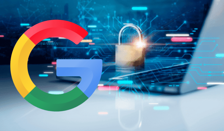 Google logo with a padlock on a blurred laptop, symbolizing enhanced online security and privacy.