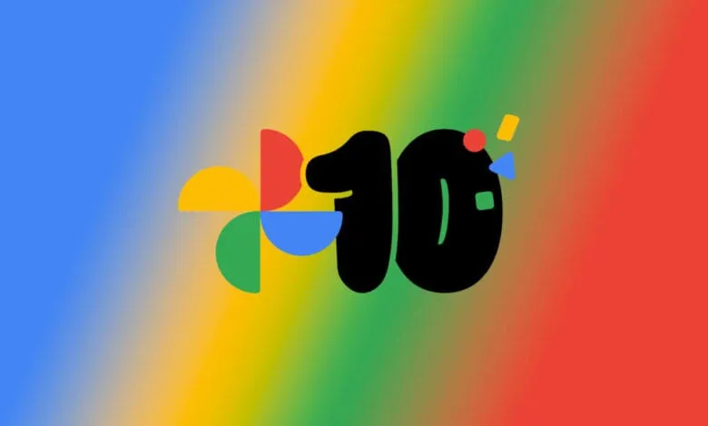 Google Photos 10th anniversary graphic with a large black number 10 and colorful geometric shapes.