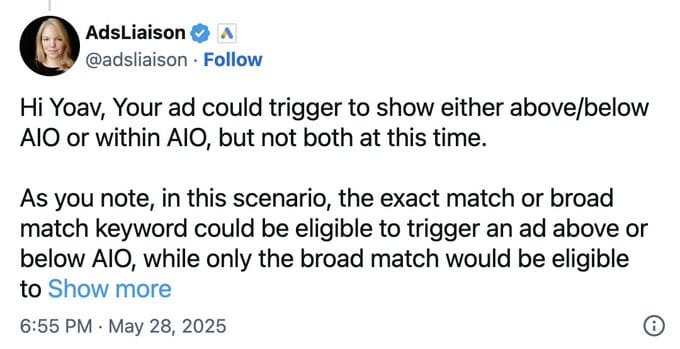 A Twitter screenshot shows a response from AdsLiaison to a user about ad placement options.