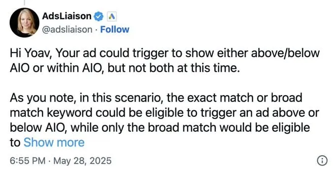 Screenshot of a Twitter conversation about Google Ads ad placement options.