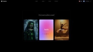 Hedra platform interface shows options to create video, audio, or image content. Examples include fantasy art, audio waveform, and a ballerina.