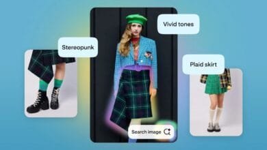 A model wears a green plaid skirt and blue checkered jacket. Visual search highlights the outfit's details.