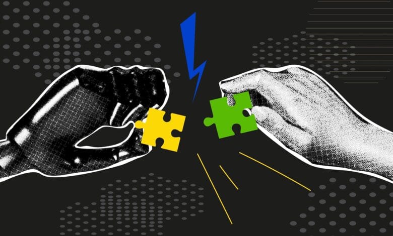 AI and human hands connect puzzle pieces, symbolizing collaboration. Bold graphic style with black, white, yellow, and green.
