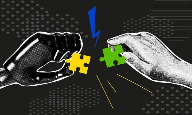 AI and human hands connect puzzle pieces, symbolizing collaboration. Bold graphic style with black, white, yellow, and green.