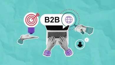 Collage illustrating B2B strategies in the AI search era, featuring a laptop, target, magnifying glass, and global icon.