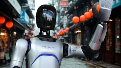 An AgiBot humanoid robot waves its hand at a China Yongda Automobiles Services Holdings Ltd car dealership in Shanghai China