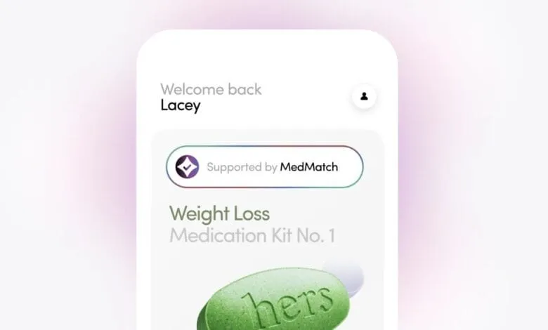 Smartphone screen shows a weight loss medication kit from Hers, supported by MedMatch.