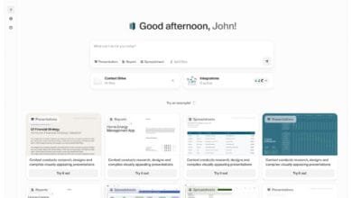 Screenshot of a user interface showing a dashboard with presentations, reports, and spreadsheets. The greeting 'Good afternoon, John!' is prominent.