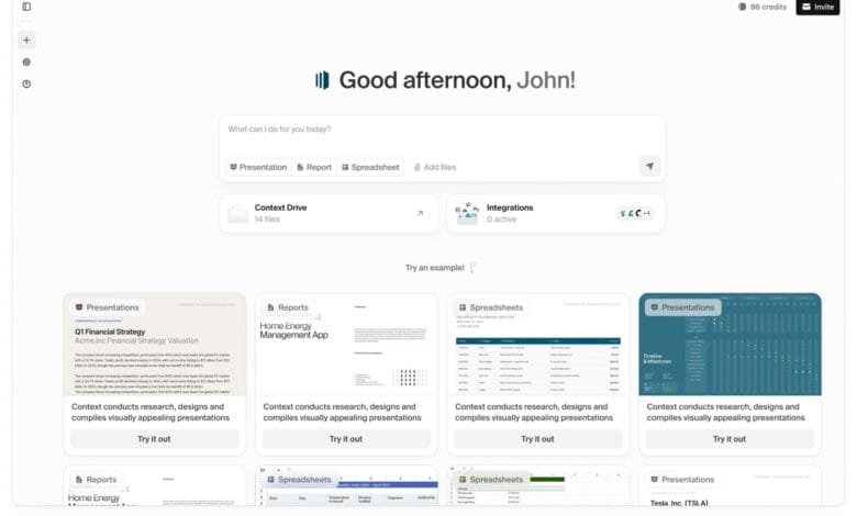 Screenshot of a user interface showing a dashboard with presentations, reports, and spreadsheets. The greeting 'Good afternoon, John!' is prominent.