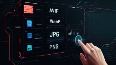 A hand interacts with a futuristic interface displaying AVIF, WebP, JPG, and PNG image format options.