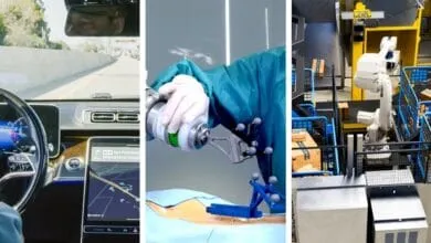 Triptych showcasing robotic advancements: a self-driving car, robotic surgery, and automated warehouse package sorting.