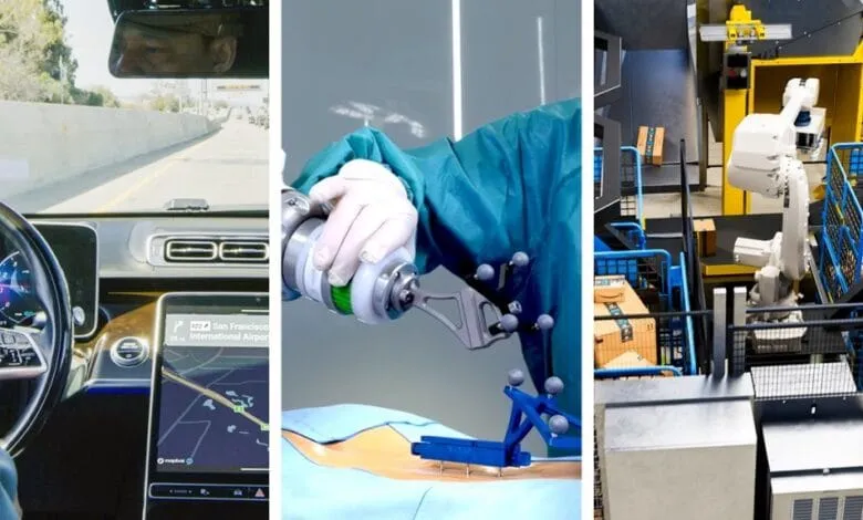 Triptych showcasing robotic advancements: a self-driving car, robotic surgery, and automated warehouse package sorting.