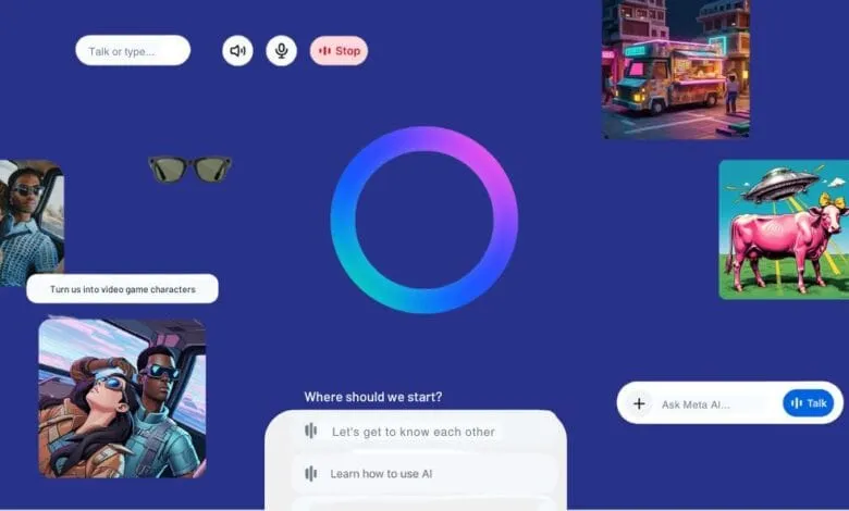 Meta AI interface showcasing image generation with examples like a food truck and a pink cow.