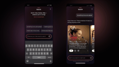 Netflix app showcasing a new AI-powered search. Users can type keywords or describe the mood for movie recommendations.