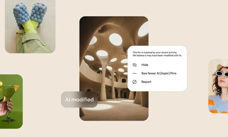 AI-modified Pinterest collage featuring fashion, cocktails, and architecture; includes options to hide, see fewer similar pins, or report.