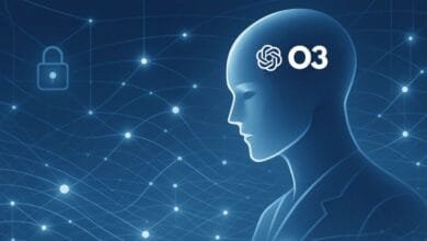 Stylized cyborg head profile with O3 logo, embedded in a secure network of glowing lines and a padlock.