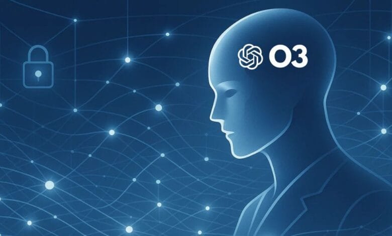 Stylized cyborg head profile with O3 logo, embedded in a secure network of glowing lines and a padlock.
