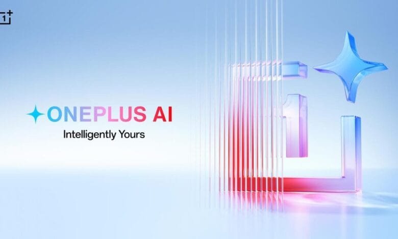 OnePlus AI logo reveal: A stylized OnePlus logo in glass, with a blue star, against a light blue background. The text 'OnePlus AI' and 'Intelligently Yours' are displayed.