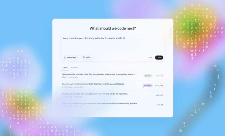 UI for a code suggestion tool. A text box prompts for coding tasks, and below, a list shows task status (open/merged) with code snippets in the background.