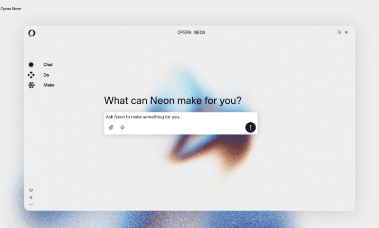 Opera Neon interface prompting 'What can Neon make for you?', featuring a text input field and abstract background.