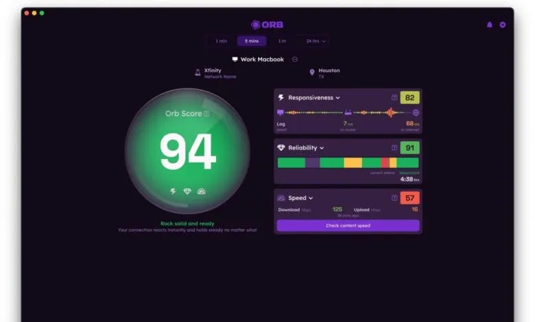 Orb internet speed test shows a 94/100 score, indicating excellent connection speed and reliability. Download speed is 125 Mbps, upload is 16 Mbps.