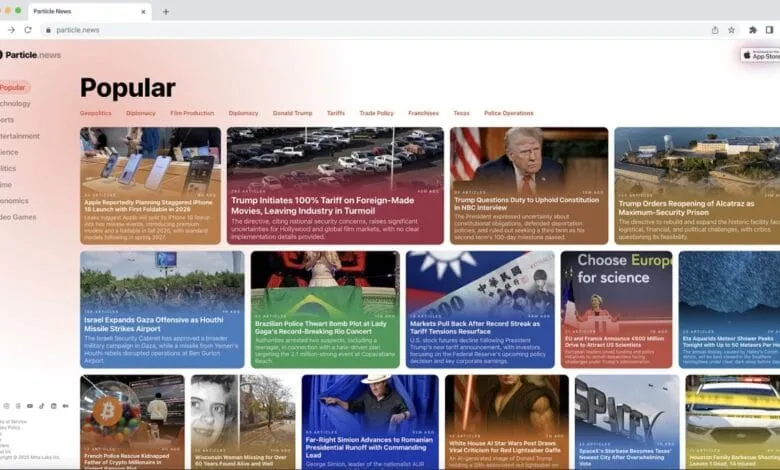 Particle News website homepage shows headlines about Trump, Apple's foldable phone, and global conflicts. Red, white, and gray color scheme.