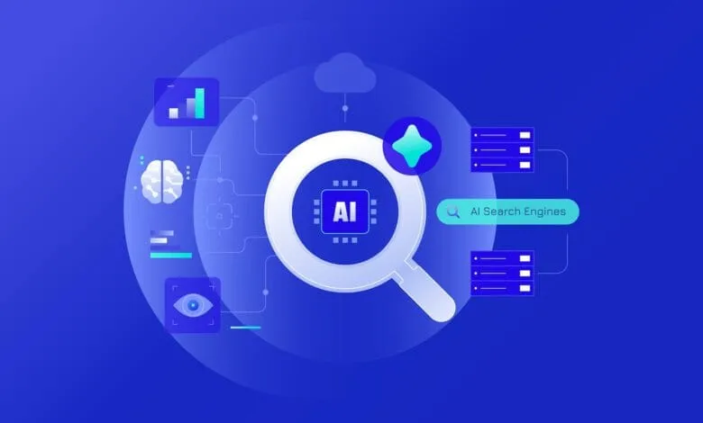 AI-powered SEO: A magnifying glass focuses on an AI chip connected to data servers, brain, eye, and graph icons.