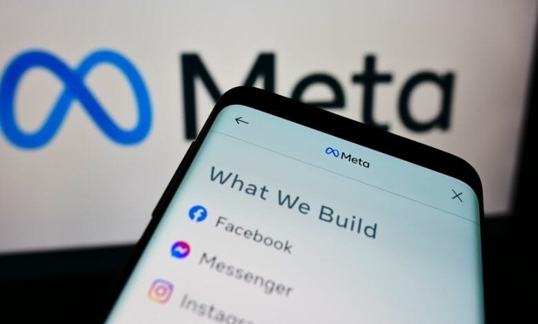 Smartphone screen shows Meta's 'What We Build' section, listing Facebook, Messenger, and Instagram. Blurred Meta logo in background.