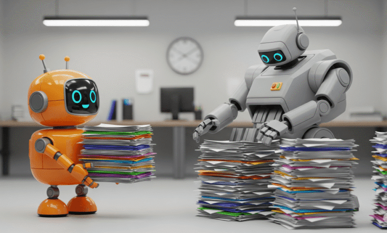 Two robots in an office setting, one orange and one gray, collaboratively process stacks of colorful documents.