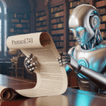 A silver robot sits in a library, carefully reviewing a long scroll labeled 'Protocol 743'.