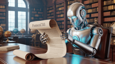 A silver robot sits in a library, carefully reviewing a long scroll labeled 'Protocol 743'.