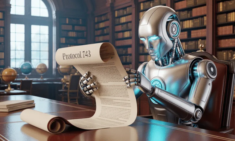 A silver robot sits in a library, carefully reviewing a long scroll labeled 'Protocol 743'.